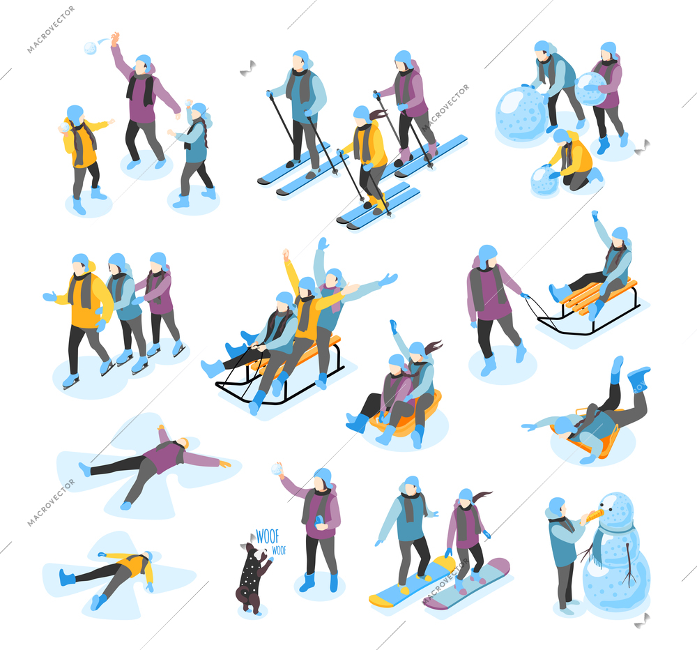 Winter fun isometric icons set with sleighing skiing snowboarding building snowman making snow angels recolor vector illustration