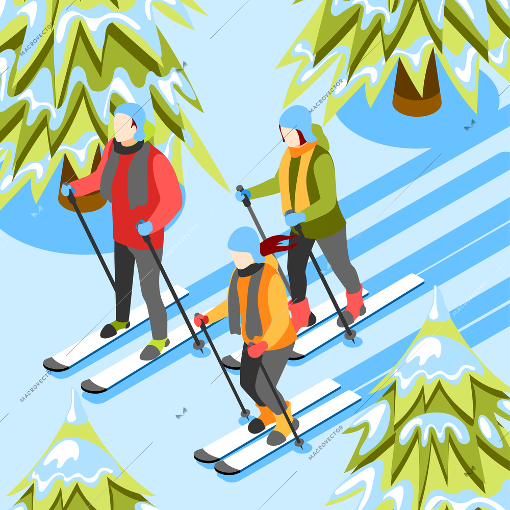 Winter fun isometric composition with skiing downhill family in fir tree forest ski resort background vector illustration