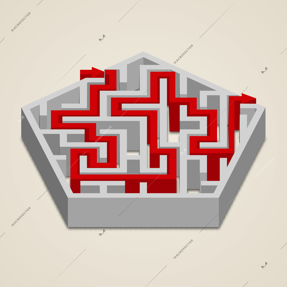 Maze 3d hexagon labyrinth puzzle game with red path solution vector illustration