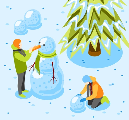 Winter snow fun isometric background composition with people rolling snowballs building snowman near fir tree vector illustration