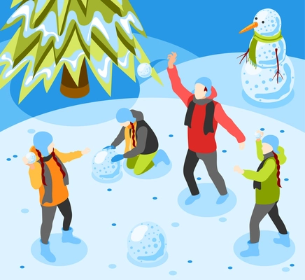 Winter fun with family making snowman playing in snow having snowball fight isometric background vector illustration