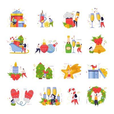 Merry christmas and happy new year set of flat isolated icons with people gifts and drinks vector illustration