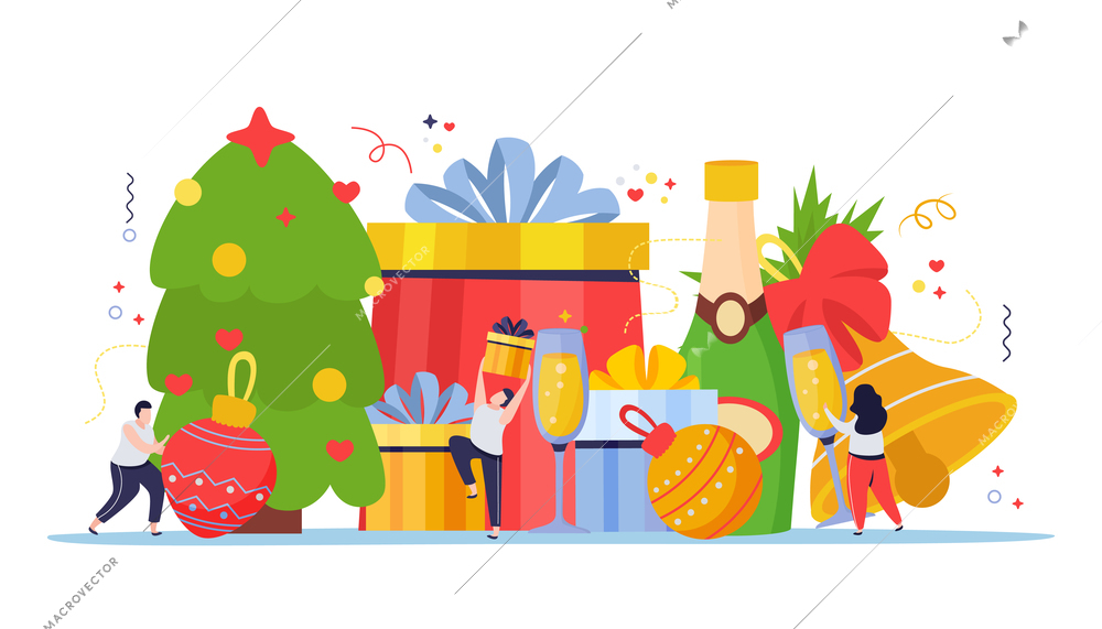 Merry christmas and happy new year composition with gifts and balls glasses of champagne and people vector illustration