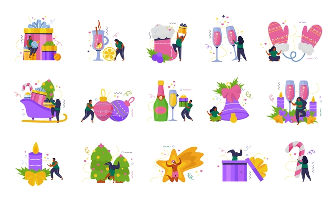 Merry christmas and happy new year recolor set of isolated icons with people decorations and gifts vector illustration