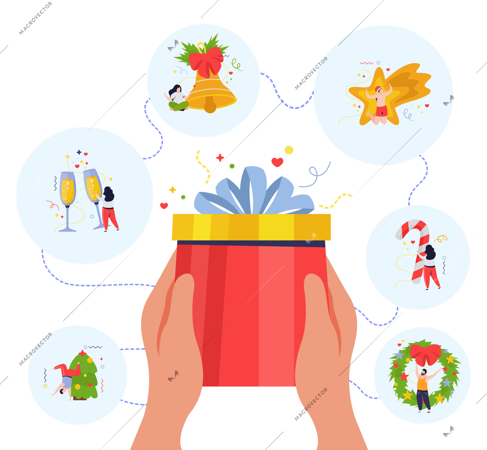 Merry christmas and happy new year background with round compositions and human hands holding gift box vector illustration