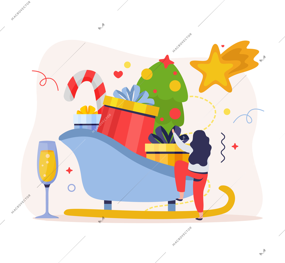 Merry christmas and happy new year background with composition of sweet gifts bunch on santa sleigh vector illustration