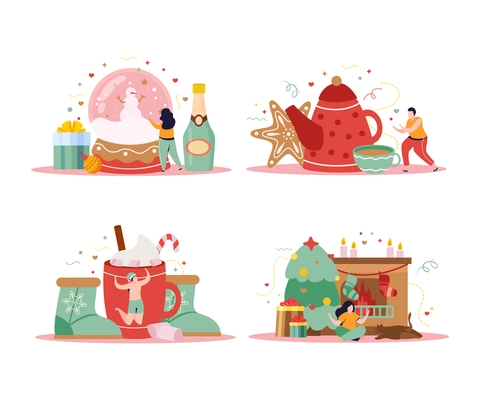 Set of four isolated happy winter compositions with flat images of gifts and champagne with people vector illustration