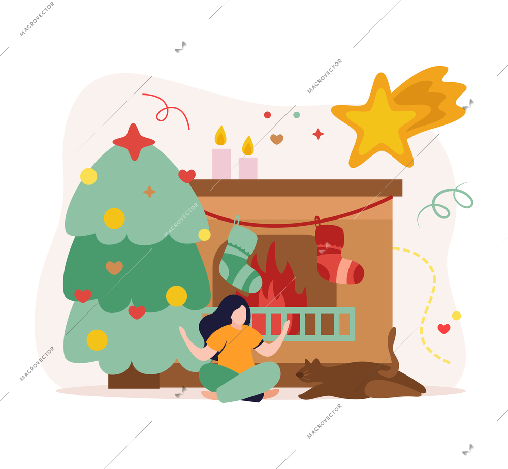 Happy winter flat background composition with new year tree and chimney with candles and female character vector illustration