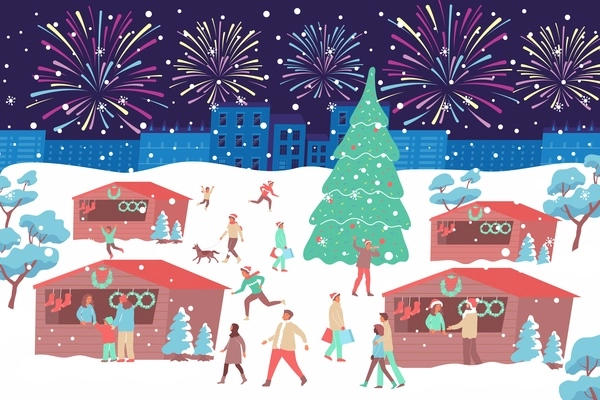 People walking and buying decorations at city christmas market flat vector illustration