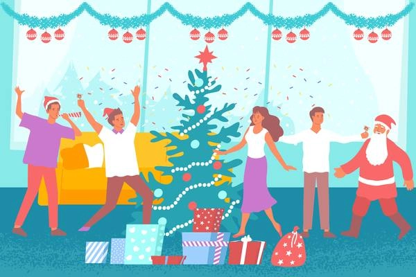 Happy people dancing around decorated tree at christmas party flat vector illustration