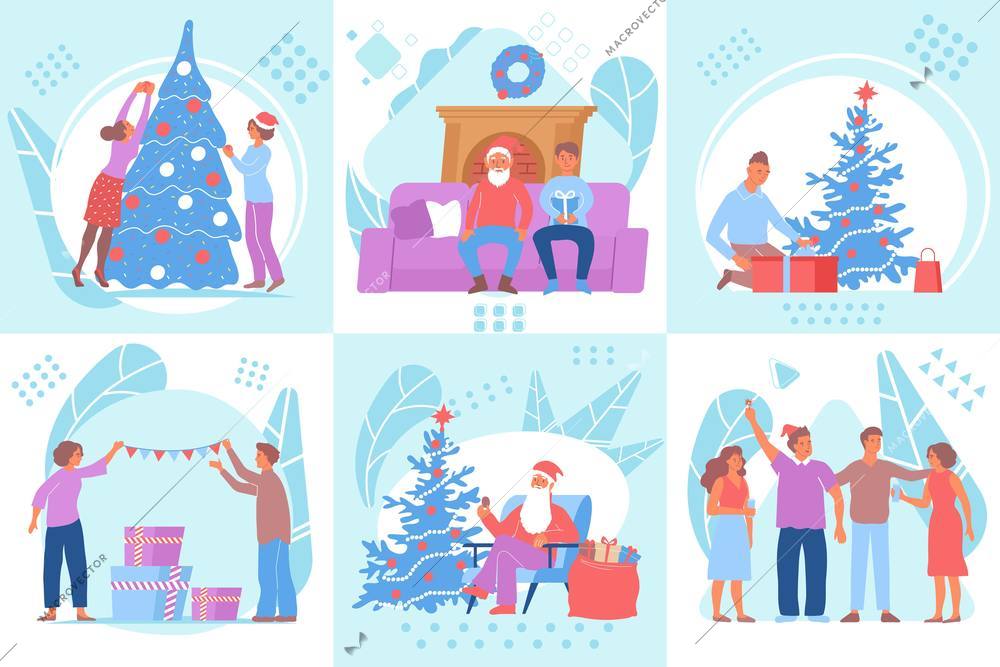 Set of six flat compositions with santa claus christmas tree happy characters isolated vector illustration