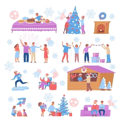 Christmas icons set with santa claus happy people celebrating decorating house skating isolated on white background vector illustration