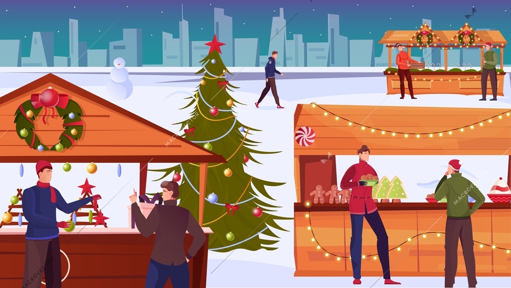 Christmas market flat background with people near outdoor souvenir stalls choosing gifts vector illustration