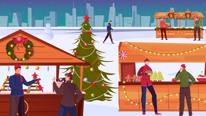 Christmas market flat background with people near outdoor souvenir stalls choosing gifts vector illustration