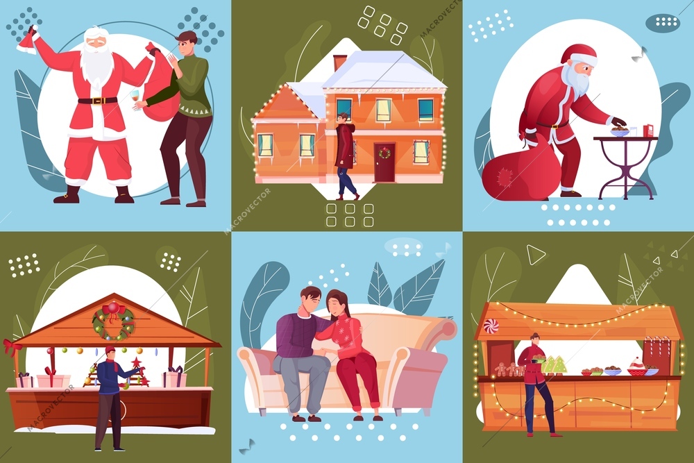 Six square compositions on merry christmas theme with outdoor souvenir stalls and santa claus with bag of gifts flat vector illustration