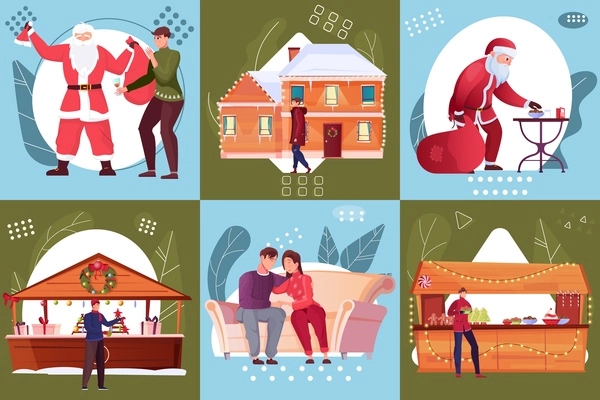 Six square compositions on merry christmas theme with outdoor souvenir stalls and santa claus with bag of gifts flat vector illustration