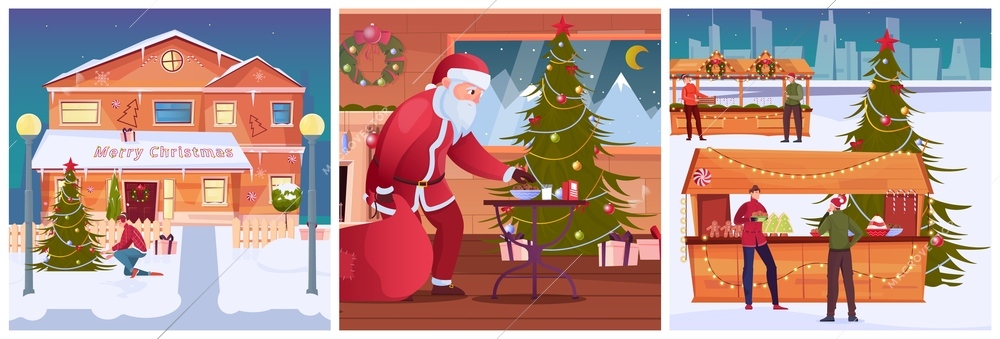 Merry christmas design concept set of three square compositions with people decorating their house and choosing gifts at outdoor souvenir market flat vector illustration