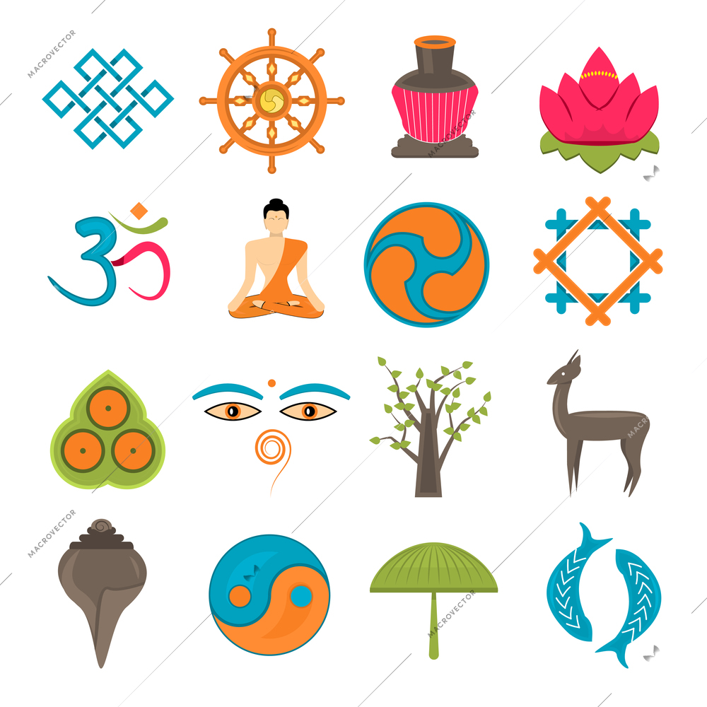 Buddhism church traditional symbols icons set isolated vector illustration