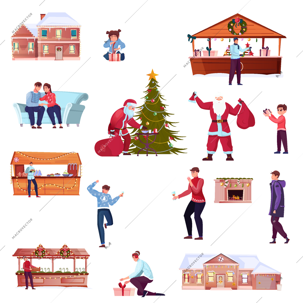 Christmas flat set of outdoor market souvenir stalls santa claus adult people and children unpacking gifts isolated vector illustration