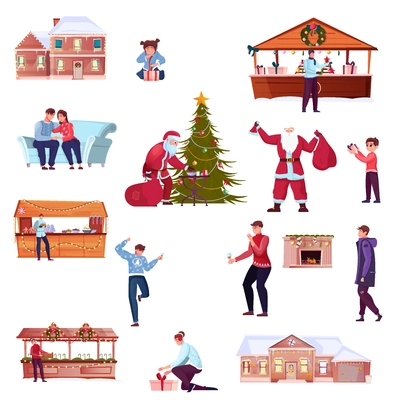 Christmas flat set of outdoor market souvenir stalls santa claus adult people and children unpacking gifts isolated vector illustration