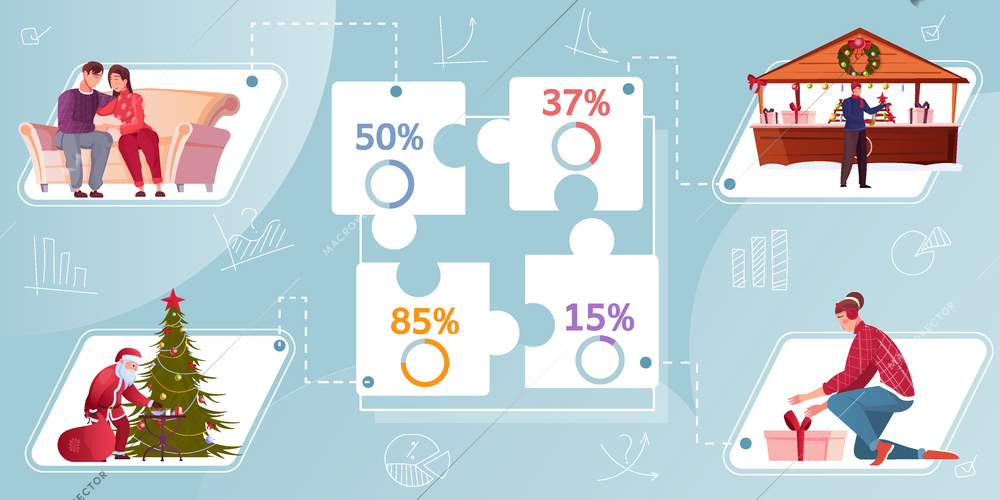 Christmas holiday celebration flat infographics background with statistic diagrams and decoration icons vector illustration