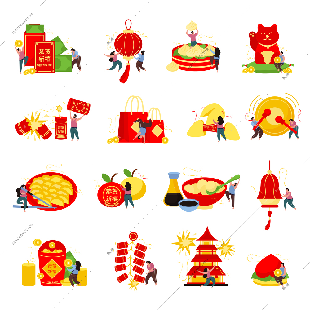 Chinese new year flat icons collection with Happy New Year text in chinese vector illustration