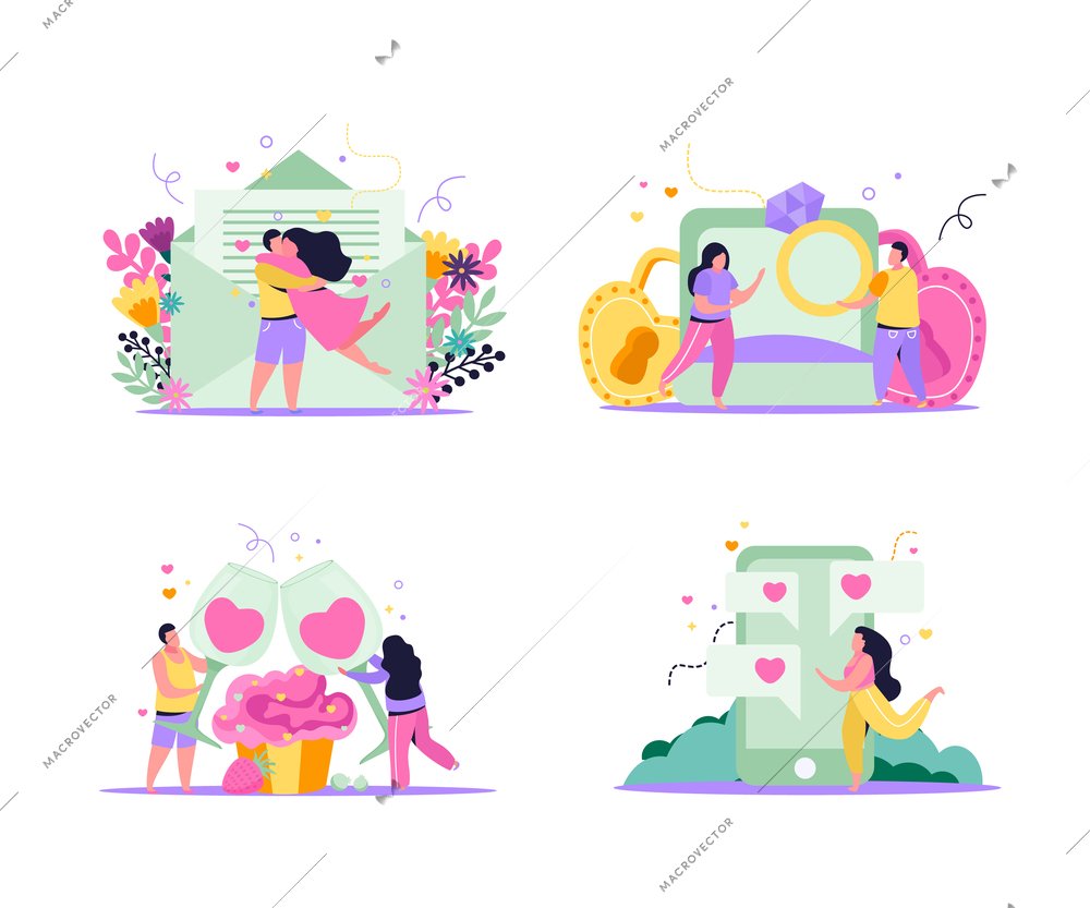 Set of valentines day flat 4x1 compositions with loving couples letter in envelope and gadget messages vector illustration