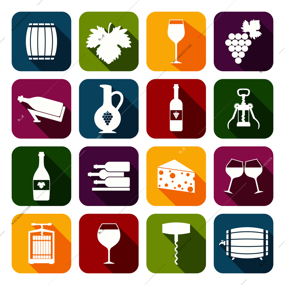 Wine alcohol drink flat icons set of grape cheese corkscrew isolated vector illustration