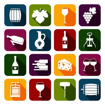 Wine alcohol drink flat icons set of grape cheese corkscrew isolated vector illustration