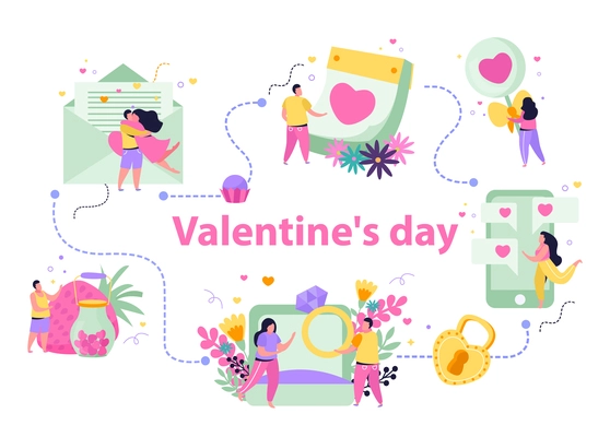 Valentines day flat composition with text and flowchart of people with messages sweets and heart signs vector illustration