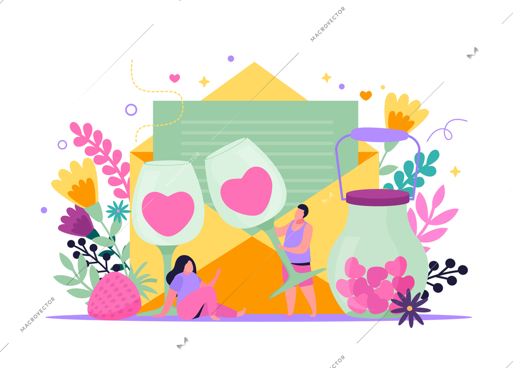 Valentines day flat composition with small characters of lovers pink hearts in glasses and colorful flowers vector illustration