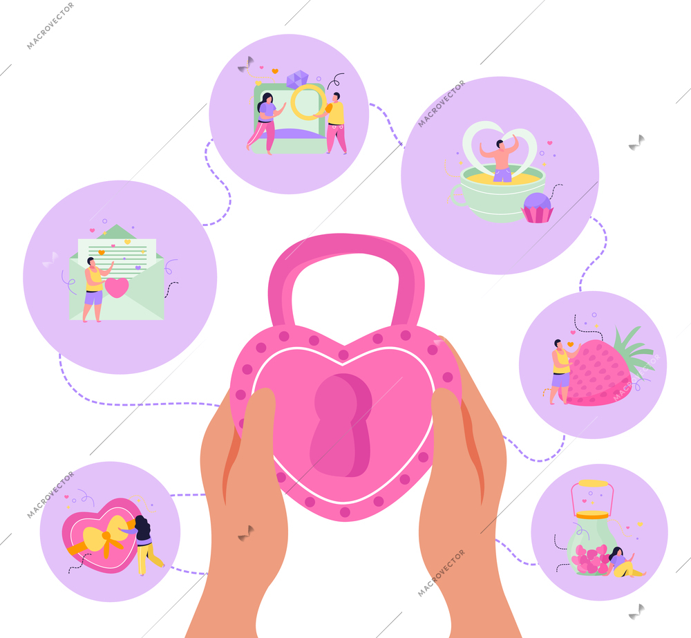 Valentines day flat background with round compositions of lovers letters and gifts with lock in hands vector illustration