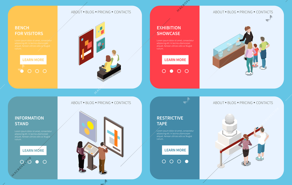 Art gallery web banners with bench for visitors information stand restrictive tape exhibition showcase isometric compositions vector illustration