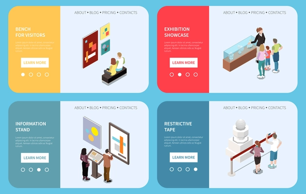 Art gallery web banners with bench for visitors information stand restrictive tape exhibition showcase isometric compositions vector illustration