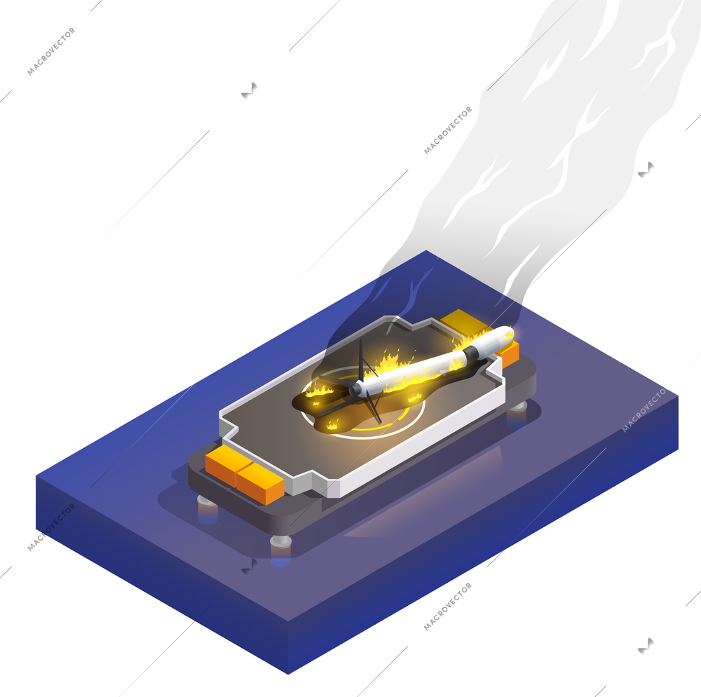 Modern space program isometric composition with view of failed launch with burning rocket on launching pad vector illustration