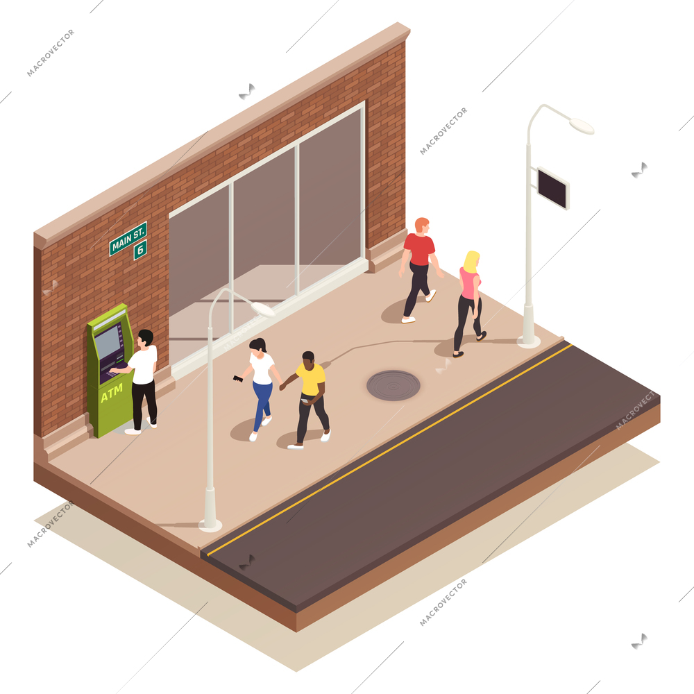 People using outdoor atm and walking along street isometric composition 3d vector illustration