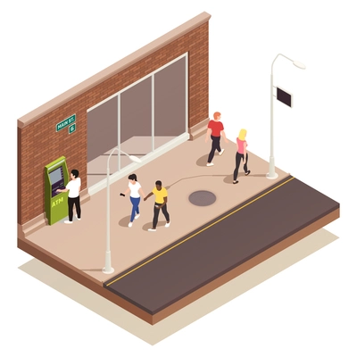 People using outdoor atm and walking along street isometric composition 3d vector illustration