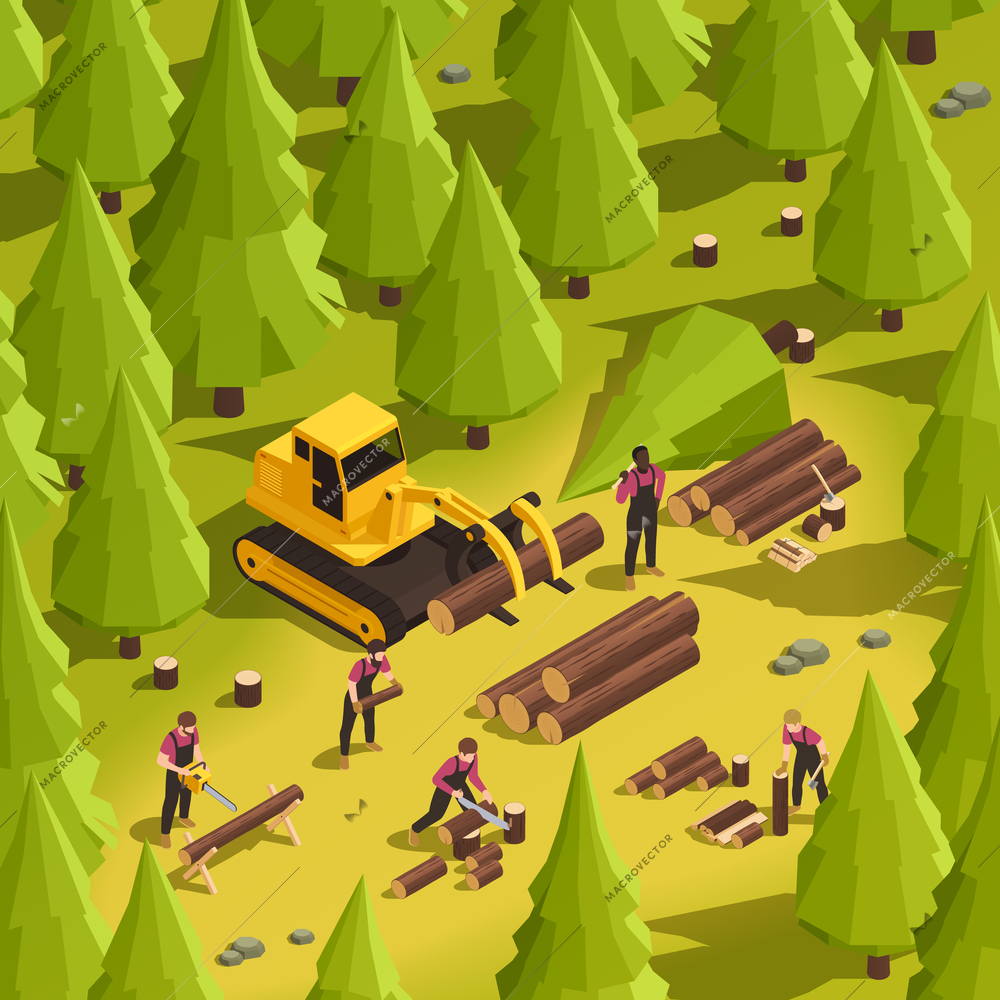 Sawmill in forest with lumberjacks working with wood and transporting logs 3d isometric vector illustration