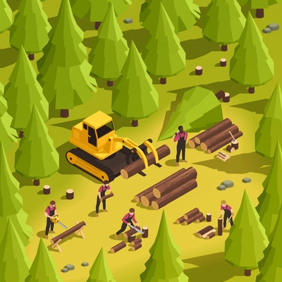 Sawmill in forest with lumberjacks working with wood and transporting logs 3d isometric vector illustration