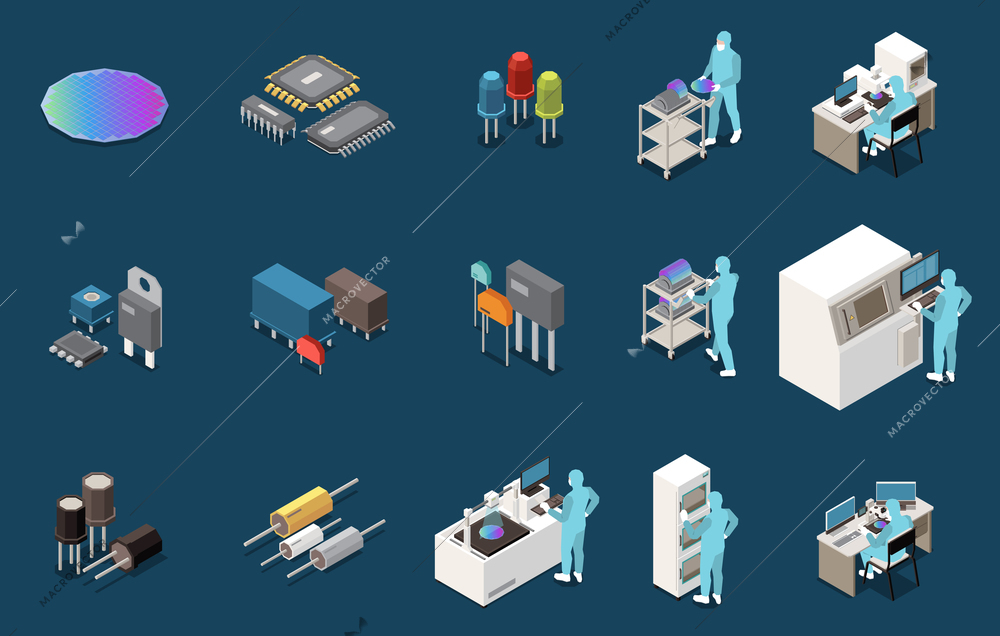 Semiconductor chip production isometric set with isolated icons of electronic components circuitry lab equipment and workers vector illustration