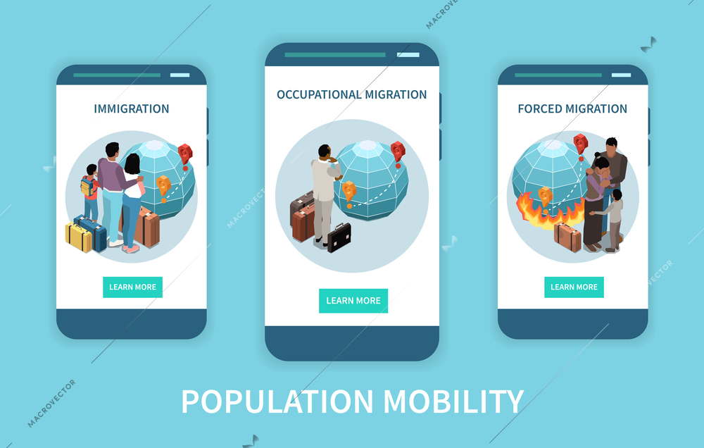 Population mobility migration displacement set of three vertical banners with isometric images and learn more buttons vector illustration