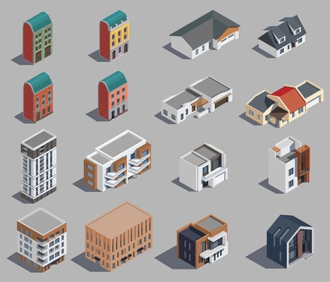 Suburban city buildings isometric set with isolated icons of modern town houses and low rise buildings vector illustration