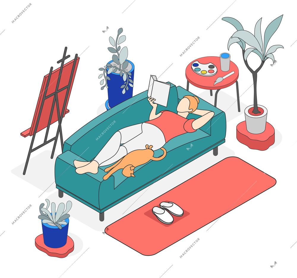 Self care concept isometric colored background the artist lies on the sofa in room and reads a book vector illustration