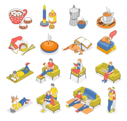 Hygge lifestyle isometric icon set with cozy and warm drinks cloths relationship and rest time at home vector illustration