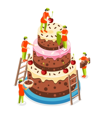 Bakery people isometric concept with pastry and cake symbols vector illustration