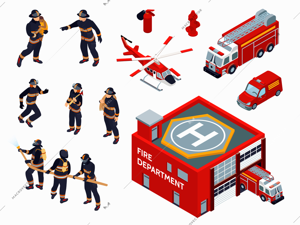 Fire department isometric icons set with firefighters in uniform equipment and special transport of red color isolated vector illustration