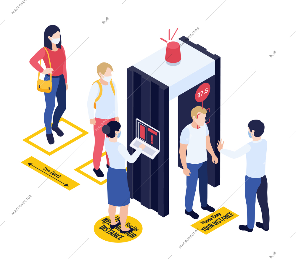 Medical testing during epidemic isometric concept with checking body temperature before entering public place vector illustration