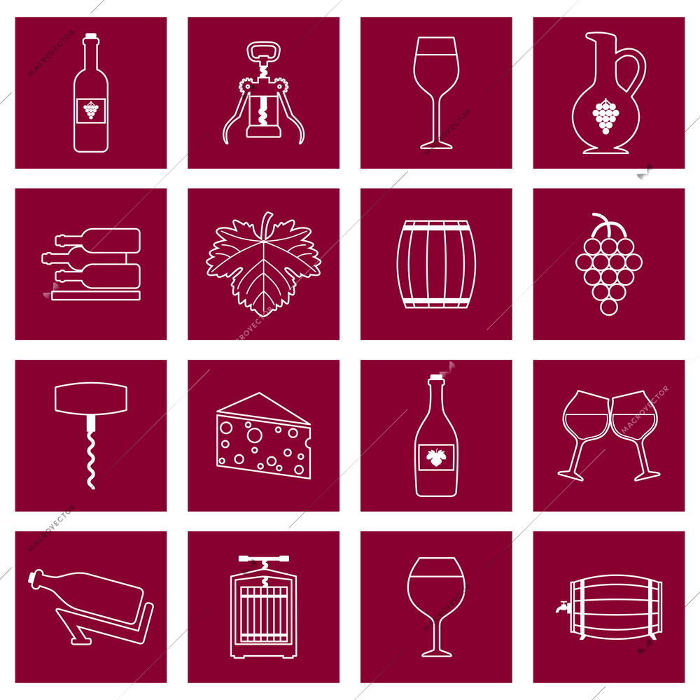 Wine alcohol drink outline icons set of wineglass bottle isolated vector illustration