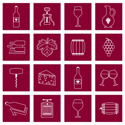 Wine alcohol drink outline icons set of wineglass bottle isolated vector illustration