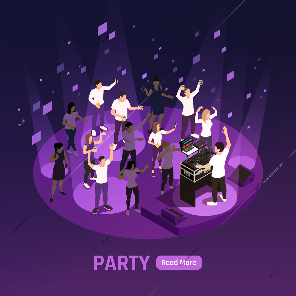 Dj disco stage laser projector strobe lights effects dark violet night party background isometric composition vector illustration